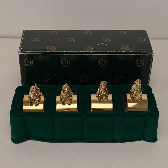 Dept. 56 Gold Metal Foo Dog Lion Napkin Rings 4 pcs set Gathering MCM - Picture 1 of 10